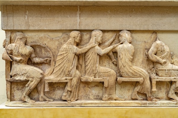 The frieze of the Siphnian Treasury in the Archaeological Museum of Delphi, UNESCO World Heritage Site in Delphi, Greece