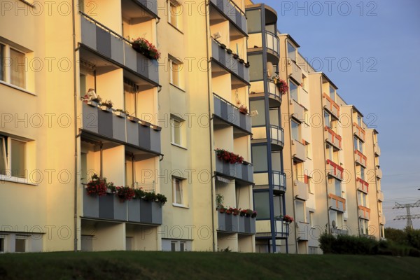 Rental apartments of the Weimar housing cooperative, prefabricated building, balconies, renovated, living space, Mecklenburg-Western Pomerania, Germany