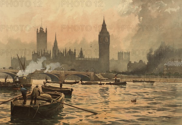 The houses of Parliament, Westminster, Westminster Palace, Palace of Westminster, seat of the British Parliament in London, around 1900, based on a painting by Thomas Nelson, illustration, reproduction from a 19th century model. Authentic, file restored for optimal use, exact date of submission unknown, historical