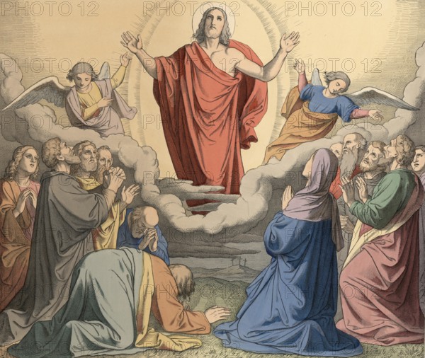 Biblical story, Ascension of Jesus, Ascension Day, symbol of a Christian festival that marks the return of Jesus Christ to God, his Father in heaven, illustration, reproduction from a 19th century model. Authentic, file restored for optimal use, exact date of submission unknown, historical