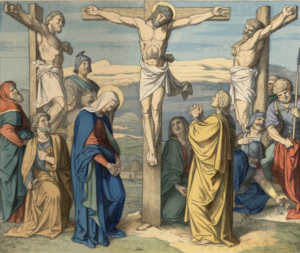 Biblical story, Jesus speaks the last seven words and dies, words which, according to traditional tradition, have a special meaning in Christianity, illustration, reproduction from a 19th-century model. Authentic, file restored for optimal use, exact date of submission unknown, historical