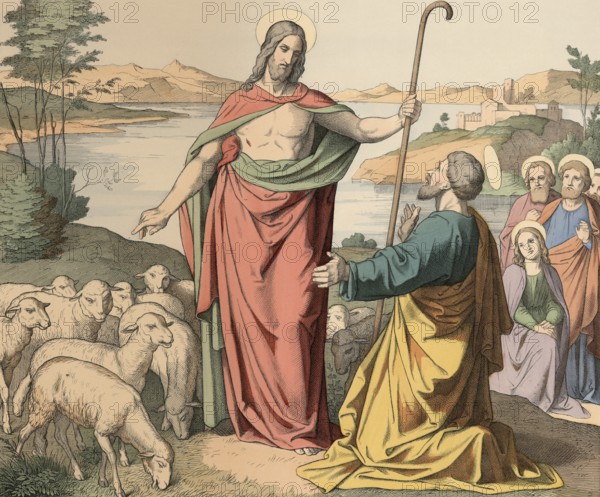 Biblical story, Jesus gives Peter the supreme pastoral office in the episode at the Sea of Tiberias, where he gives him the task of herding his sheep three times in front of, after denying him three times in front of, illustration, reproduction from a 19th-century model. Authentic, file restored for optimal use, exact date of submission unknown, historical