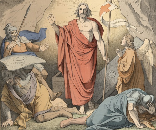 Biblical story, Jesus resurrection, central event in the Christian faith in which Jesus Christ was raised from the dead on the third day after his crucifixion, illustration, reproduction from a 19th-century model. Authentic, file restored for optimal use, exact date of submission unknown, historical
