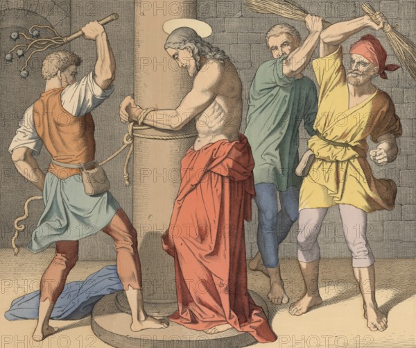 Biblical story, Jesus is scourged, the Roman flagellation was a painful and degrading procedure. Jesus was tied to a pillar and scourged with a flagrum, illustration, reproduction from a 19th-century model. Authentic, file restored for optimal use, exact date of submission unknown, historical
