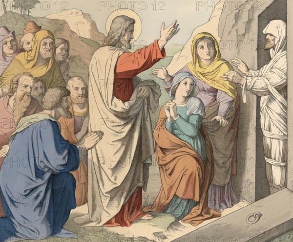 Biblical story, raising of Lazarus, a biblical miracle, Jesus brings his friend Lazarus back to life after four days, illustration, reproduction from a 19th-century model. Authentic, file restored for optimal use, exact date of submission unknown, historical