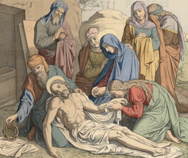 Biblical story, Jesus is laid in the grave, according to Christian tradition, Jesus was rescued after his death by Joseph of Arimathea, wrapped in a linen cloth and buried in a rock grave that Joseph had prepared for himself, illustration, reproduction from a 19th-century model. Authentic, file restored for optimal use, exact date of submission unknown, historical