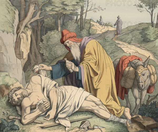 Biblical story, The Good Samaritan, one of the most famous stories of Jesus and is in the Gospel of Luke, illustration, reproduction from a 19th-century model. Authentic, file restored for optimal use, exact date of submission unknown, historical