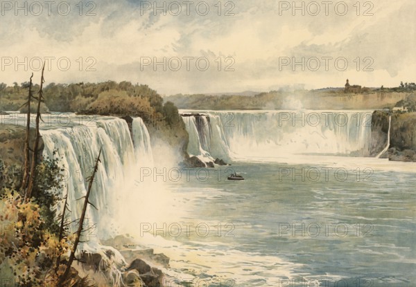 The Niagara Falls between Canada and America, around 1900, based on a painting by Thomas Nelson, illustration, reproduction from a 19th century model. Authentic, file restored for optimal use, exact date of submission unknown, historical