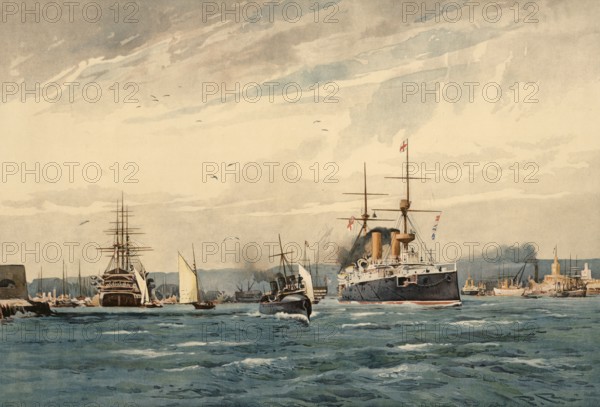 Port of Portsmouth, England, around 1900, based on a painting by Thomas Nelson, illustration, reproduction from a 19th century model. Authentic, file restored for optimal use, exact date of submission unknown, historical