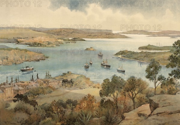 Sydney Harbour in Australia, around 1900, based on a painting by Thomas Nelson, illustration, reproduction from a 19th century model. Authentic, file restored for optimal use, exact date of submission unknown, historical