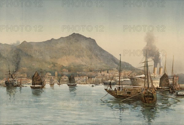 Hong Kong, ships in front of the harbor, around 1900, based on a painting by Thomas Nelson, illustration, reproduction from a 19th century model. Authentic, file restored for optimal use, exact date of submission unknown, historical