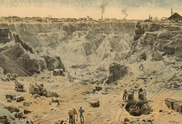 Diamond mine in Kimberley, South Africa, around 1900, based on a painting by Thomas Nelson, illustration, reproduction from a 19th century model. Authentic, file restored for optimal use, exact date of submission unknown, historical