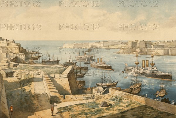 Port of Valetta, Malta, around 1900, based on a painting by Thomas Nelson, illustration, reproduction from a 19th century model. Authentic, file restored for optimal use, exact date of submission unknown, historical
