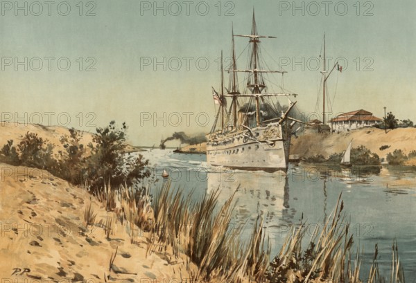 Suez Canal, Suez Canal, a warship passing through, Egypt, around 1900, after a painting by Thomas Nelson, illustration, reproduction from a 19th century model. Authentic, file restored for optimal use, exact date of submission unknown, historical