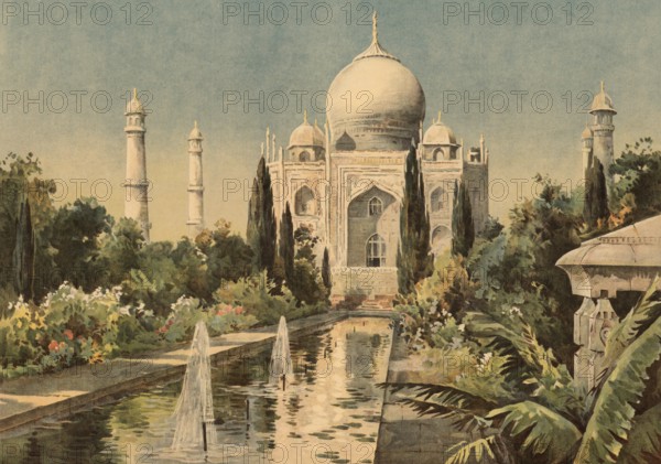Taj Mahal in Agra, a world-famous tomb built in the 17th century by Grand Mogul Shah Jahan for his deceased woman Mumtaz Mahal, India, around 1900, based on a painting by Thomas Nelson, illustration, reproduction from a 19th-century model. Authentic, file restored for optimal use, exact date of submission unknown, historical