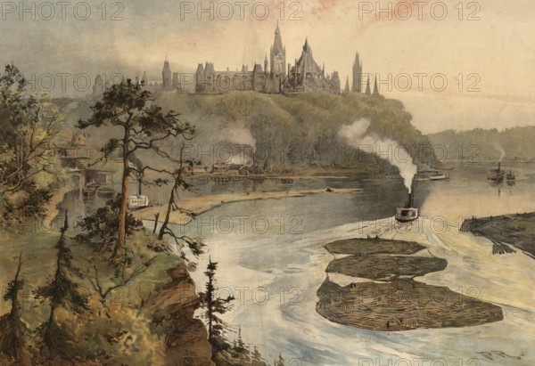 Parliament, House of Parliament building, Ottawa, Canada, around 1900, based on a painting by Thomas Nelson, illustration, reproduction from a 19th-century model. Authentic, file restored for optimal use, exact date of submission unknown, historical