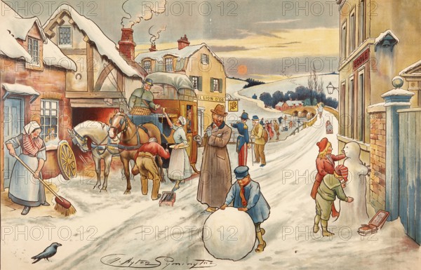 Symbolic winter, rural scene with farmers, children and animals, horse-drawn carriage, painting by Clayton Symington, 1904, illustration, reproduction from a 19th century model. Authentic, file restored for optimal use, exact date of submission unknown, historical