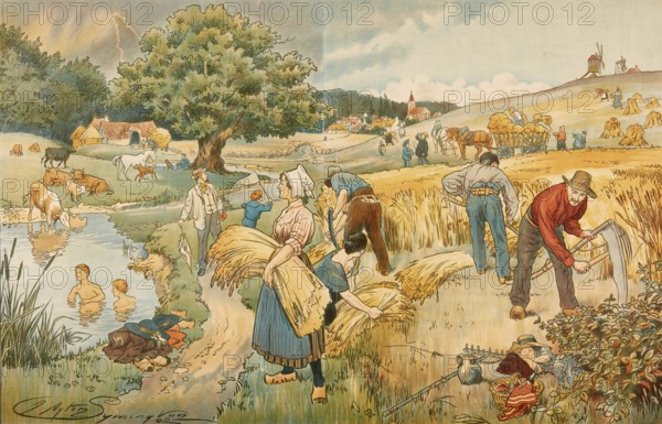 Symbolic summer, rural scene with farmers, children and animals, painting by Clayton Symington, 1904, illustration, reproduction from a 19th century model. Authentic, file restored for optimal use, exact date of submission unknown, historical