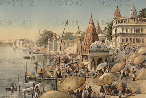 Benares, today Varanasi, city on the Ganges in India, around 1900, based on a painting by Thomas Nelson, illustration, reproduction from a model from the 19th century. Authentic, file restored for optimal use, exact date of submission unknown, historical