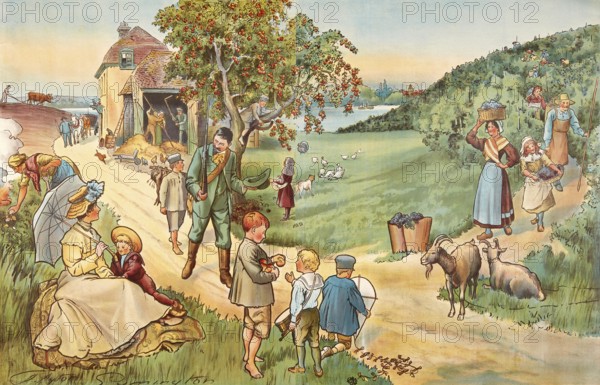 Symbolic autumn, rural scene with farmers, children and animals, painting by Clayton Symington, 1904, illustration, reproduction from a 19th century model. Authentic, file restored for optimal use, exact date of submission unknown, historical