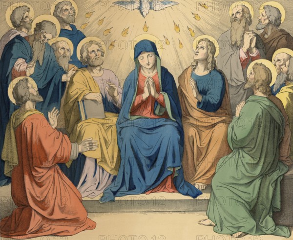 Biblical story, Descent of the Holy Spirit, The Descent of the Holy Spirit is celebrated as Pentecost and, according to the Bible, took place on the 50th day after Easter when the Holy Spirit descended on the assembled disciples of Jesus in Jerusalem, illustration, reproduction from a 19th-century model. Authentic, file restored for optimal use, exact date of submission unknown, historical