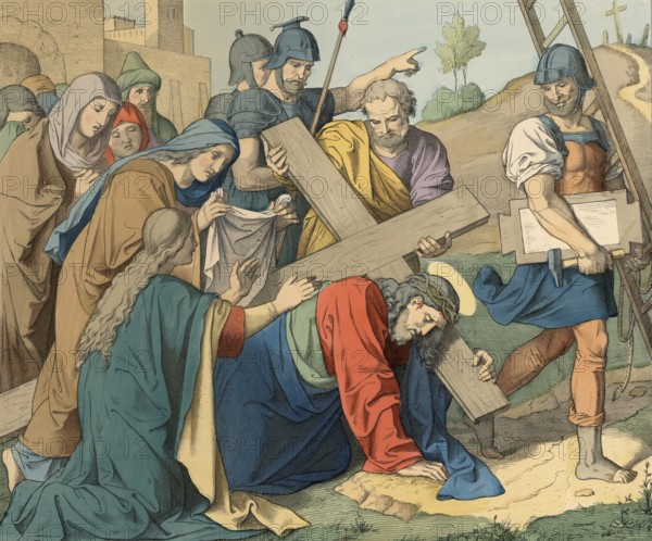 Biblical story, Jesus carrying the heavy cross, Jesus carrying the heavy wooden cross through Jerusalem to Mount Golgotha, where he was to be crucified, illustration, reproduction from a 19th-century model. Authentic, file restored for optimal use, exact date of submission unknown, historical