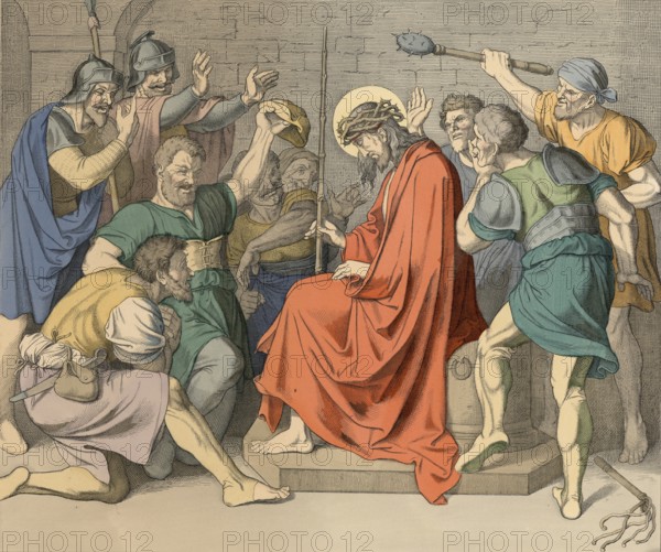 Biblical story, Jesus is crowned with thorns, crown of thorns, biblical episode in which Roman soldiers imposed a crown of thorns on Jesus as a mockery in front of he was crucified., illustration, reproduction from a 19th-century model. Authentic, file restored for optimal use, exact date of submission unknown, historical