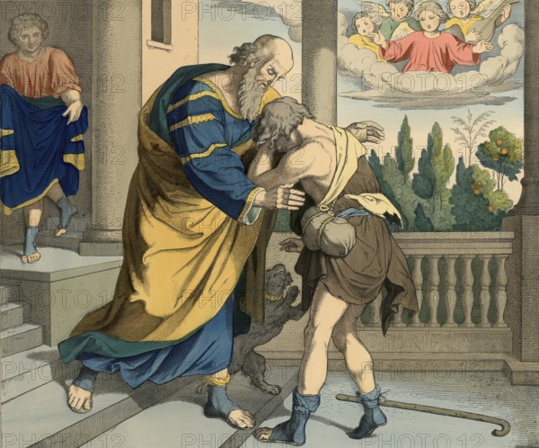 Biblical story, The Prodigal Son. The parable of the prodigal son is found in the Gospel of Luke and is a well-known biblical story. It is about a father with two sons, the younger squandering his inheritance abroad and returns impoverished, whereupon the father joyfully welcomes him back into the family, symbolizing the unconditional love and forgiveness of God, illustration, reproduction of a model from the 19th century. Authentic, file restored for optimal use, exact date of submission unknown, historical