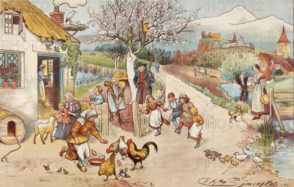 Symbolic spring, rural scene with farmers, children and animals, painting by Clayton Symington, 1904, illustration, reproduction from a 19th century model. Authentic, file restored for optimal use, exact date of submission unknown, historical