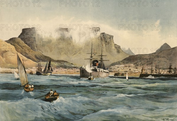 Table Mountain in Cape Town, South Africa, around 1900, based on a painting by Thomas Nelson, illustration, reproduction from a 19th century model. Authentic, file restored for optimal use, exact date of submission unknown, historical