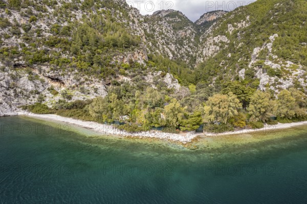 Beach and landscape near Dafni on the island of Euboea or Evia seen from the air, Greece