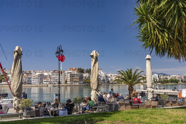 Restaurants on the waterfront of the island capital Chalkida, the island of Euboea or Evia, Greece
