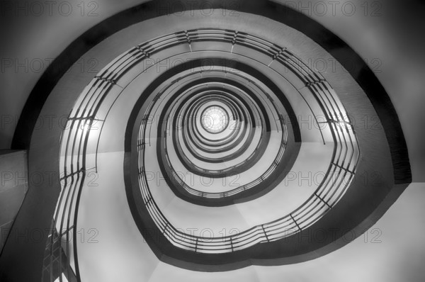 Interior view, staircase, round, Sprinkenhof office building, black and white, Free and Hanseatic City of Hamburg, Germany