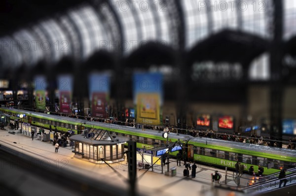 Interior view, Flixtrain, RE, Regional-Express, trains, tracks, platform, traveler, thumbnail view, toy view, tilt-shift effect, central railway station, Free and Hanseatic City of Hamburg, Germany