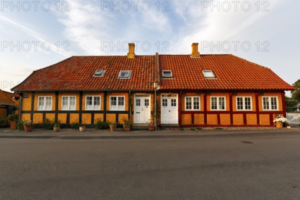 Typical colorful half-timbered house, Gudhjem, Bornholm, Baltic Sea, Denmark