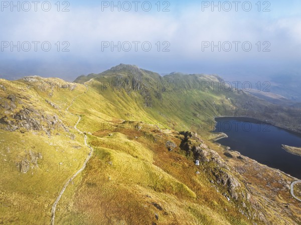 Pyg Track over Llyn Llydaw lake from a drone, Pen-y-Pass, mountain pass, Snowdonia, Gwynedd, north-west Wales, UK