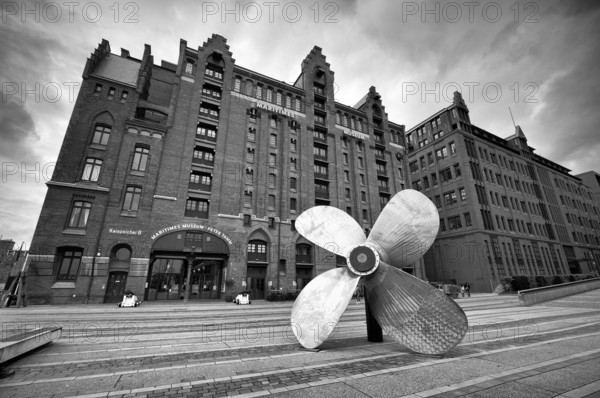 Propeller, Peter Tamm International Maritime Museum, warehouses, façade, brick building, Hamburger Speicherstadt, Hafencity, black and white, Free and Hanseatic City of Hamburg, Germany