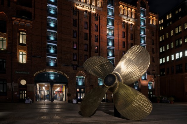 Night view, propeller, Peter Tamm International Maritime Museum, warehouses, façade, brick building, Hamburger Speicherstadt, Hafencity, Free and Hanseatic City of Hamburg, Germany