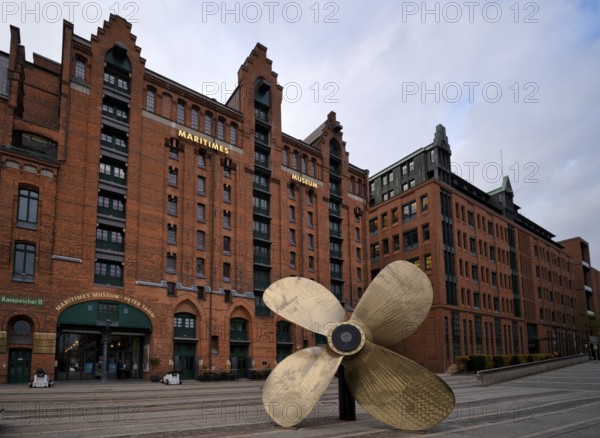 Propeller, Peter Tamm International Maritime Museum, warehouses, façade, brick building, Hamburger Speicherstadt, Hafencity, Free and Hanseatic City of Hamburg, Germany