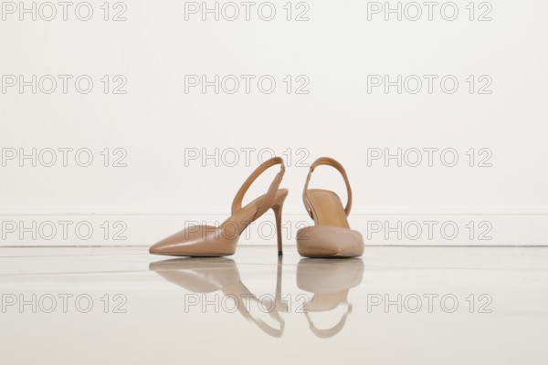 A pair of stylish nude high heel shoes on a shiny floor. Their sleek design features a pointed toe and a slingback style. Natural light highlights the shoes in a minimalistic setting