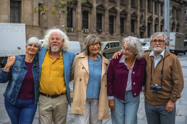 Smiling group of diverse senior friends standing close, showing togetherness and happiness while exploring an urban city during their travel adventure
