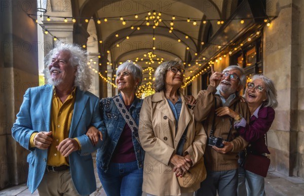 Diverse group of smiling senior friends enjoying a tour of an illuminated european city, looking up and pointing at sights while walking together under string lights