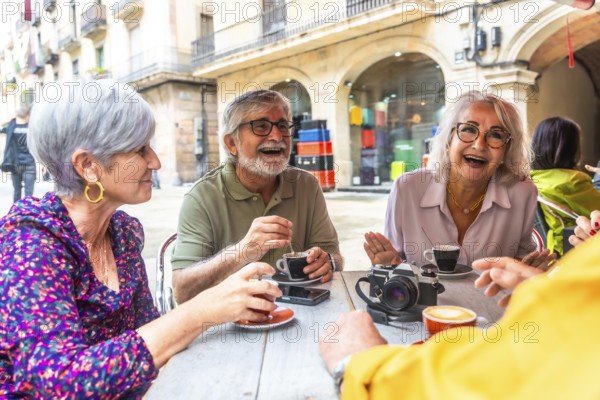 Happy senior friends gathering at an outdoor cafe, drinking coffee, and having a lively conversation, symbolizing joy, friendship, and an active retirement lifestyle