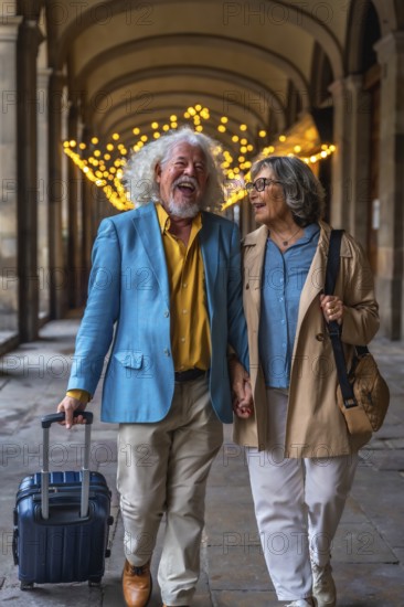 Happy senior couple walking hand in hand through a european arcade, laughing and pulling a suitcase together on a joyful city break, relaxed and carefree in retirement