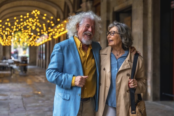 Senior couple strolling arm in arm through an arched city passage, smiling and laughing under festive lights, sharing a warm, candid moment of love and companionship