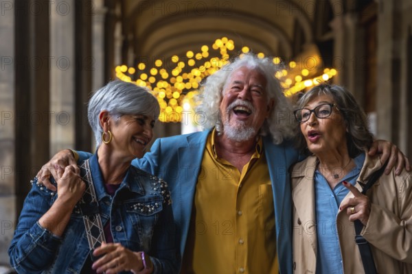 Three laughing senior friends enjoying a lively conversation and close companionship while walking together under an illuminated archway, sharing moments of joy