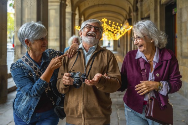 Group of excited senior friends enjoying their city trip, laughing and walking together in an arched arcade, sharing a happy and memorable travel moment