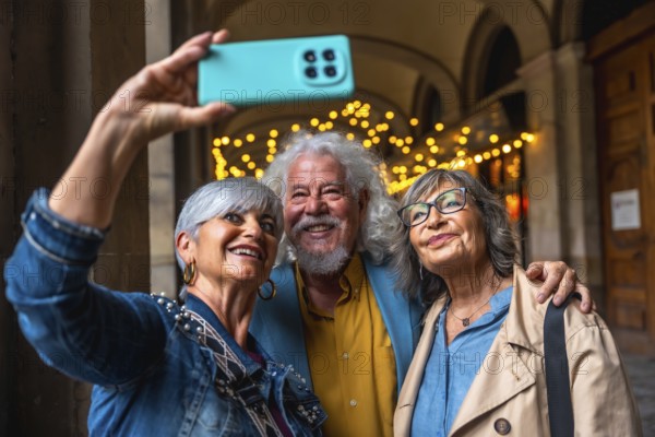 Three happy senior friends enjoying a city trip, smiling and embracing while taking a joyful selfie with a smartphone, capturing a moment of friendship and travel