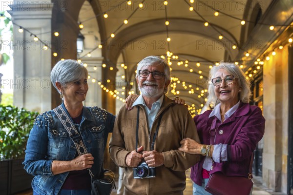 Three joyful senior friends walking arm in arm under illuminated arches, smiling and sightseeing together on a relaxed urban evening stroll, enjoying travel and companionship