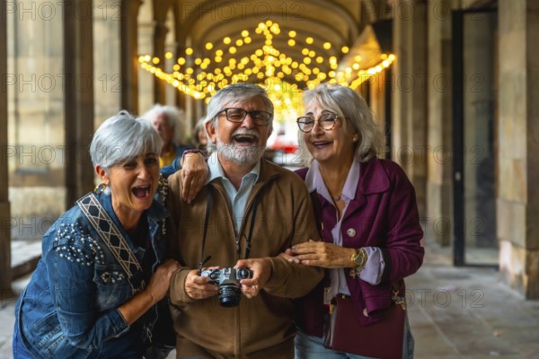 Group of happy senior friends enjoying a vacation together, laughing and having a good time while exploring a city archway decorated with festive lights